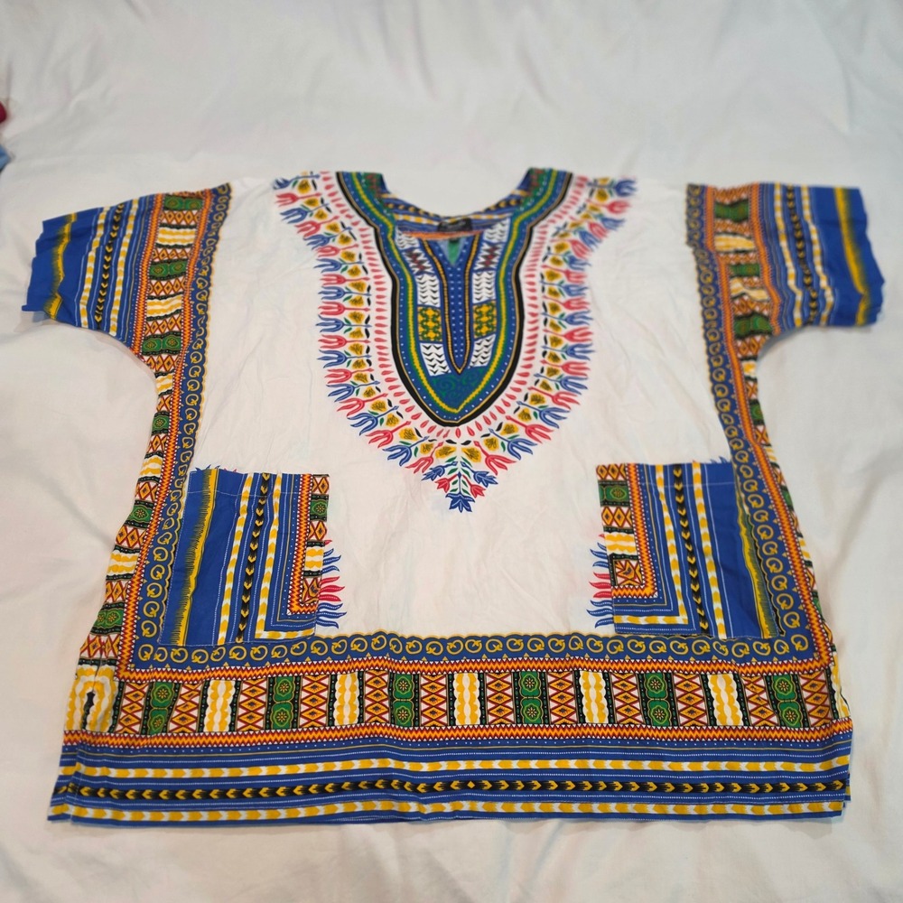 Dashiki Vispada Top Unisex XXL White Multicolor Excellent Handmade Tribal